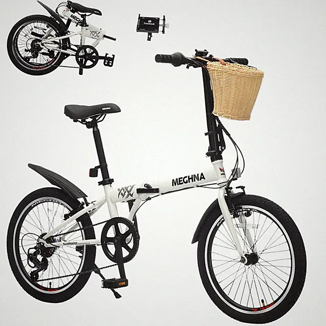 MEGHNA 20 Inch Folding Bike for Adults with Basket, Phone Holder & Fenders White