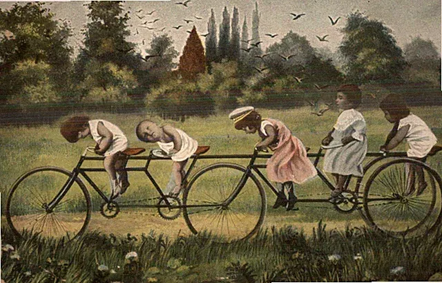Multiple Kids Fantasy Tandem Bicycle Fantasy c1910 Postcard